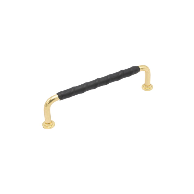 Handle 1353 leather 128c/c - Black/Polished Brass