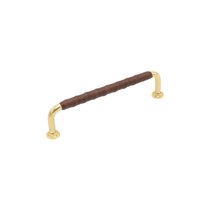 Handle 1353 leather 128c/c - Brown/Polished Brass