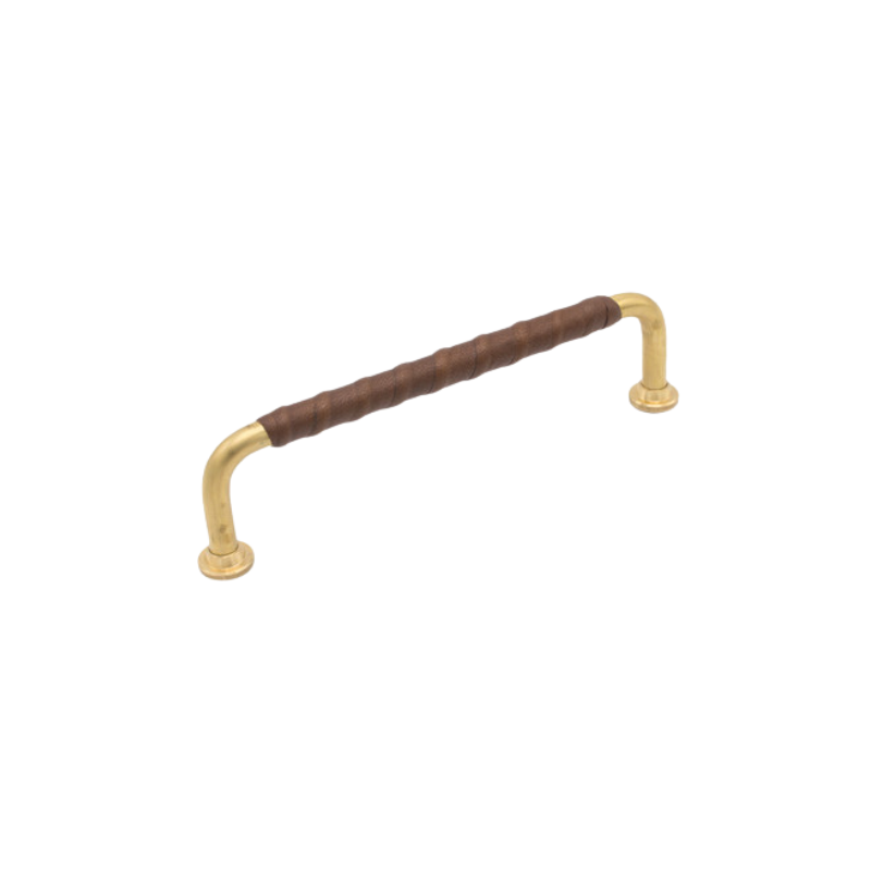 Handle 1353 leather 128c/c - Brown/Untreated Brass